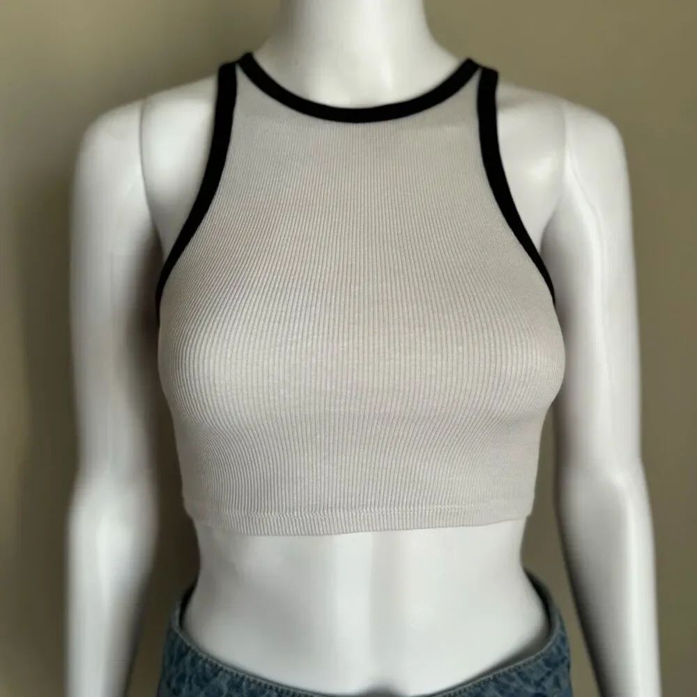 Zara White + Black Ribbed Halter Croo Top